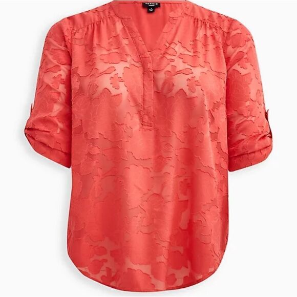 NWOT HARPER PULLOVER BLOUSE - CHIFFON CLIP FLORAL CORAL TORRID - Picture 6 of 6